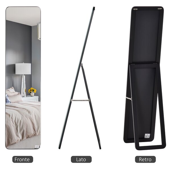 HOMCOM Specchio Decorativo da Terra e Parete con Struttura in Legno Pieghevole per Camera da Letto e Soggiorno Design Moderno Colore Nero|Aosom