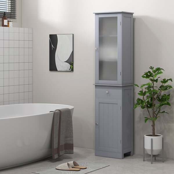 Kleankin Mobile Colonna Bagno Salvaspazio con Armadietto Cassetto e Ripiani in MDF 40x27x1715cm Grigio |Aosom
