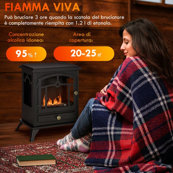 HOMCOM Camino Bioetanolo da terra con Bruciatore da 1.2L per 3 Ore di Durata, Stile Classico in Acciaio, 45x28x54cm, Nero | Aosom Italy