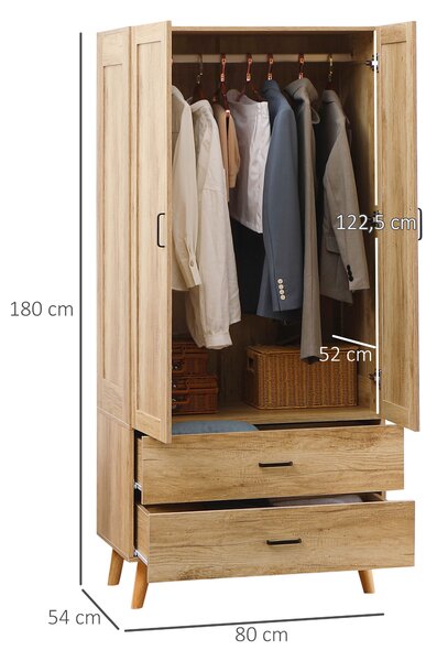 HOMCOM Armadio 2 Ante a Battente con 2 Cassetti e Asta Appendiabiti, 80x54x180 cm, Legno | Aosom Italy