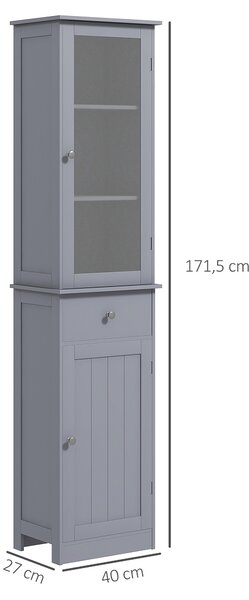 Kleankin Mobile Colonna Bagno Salvaspazio con Armadietto Cassetto e Ripiani in MDF 40x27x1715cm Grigio |Aosom