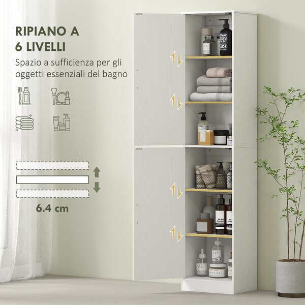 HOMCOM Mobile Colonna Bagno a 2 Armadietti con 6 Ripiani Regolabili, in Legno, 40x35x180 cm, Bianco | Aosom Italy