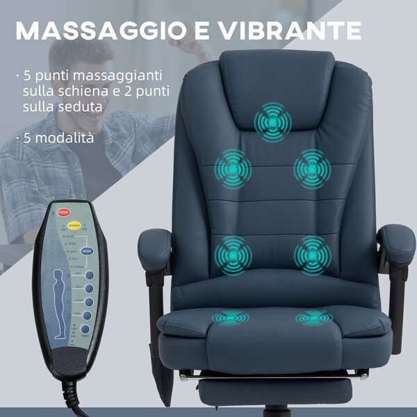 Vinsetto Poltrona da Ufficio con 7Punti Massaggianti e Poggiapiedi, ergonomica e regolabile, in PU e Acciaio, 67x67x111-121cm, Blu| Aosom Italy