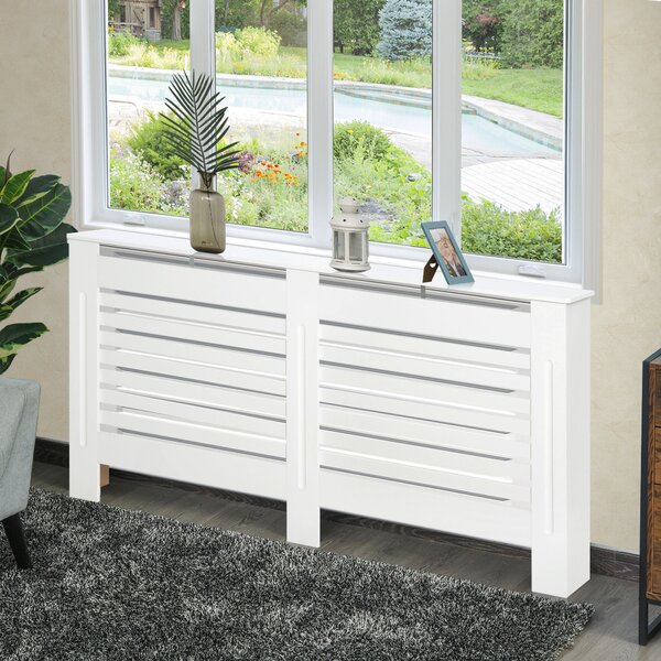 HOMCOM Copritermosifoni a Doghe con Ripiano Portaoggetti, in Legno, 172x19x81 cm, Bianco | Aosom Italy