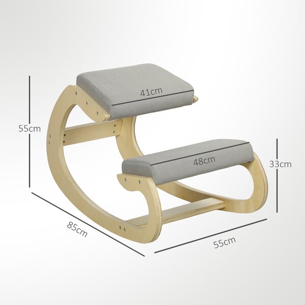 HOMCOM Sedia Ergonomica con Inginocchiatoio e Reclinabile, in Tessuto Effetto Lino e Legno, 55x85x55 cm, Grigio Chiaro | Aosom Italy