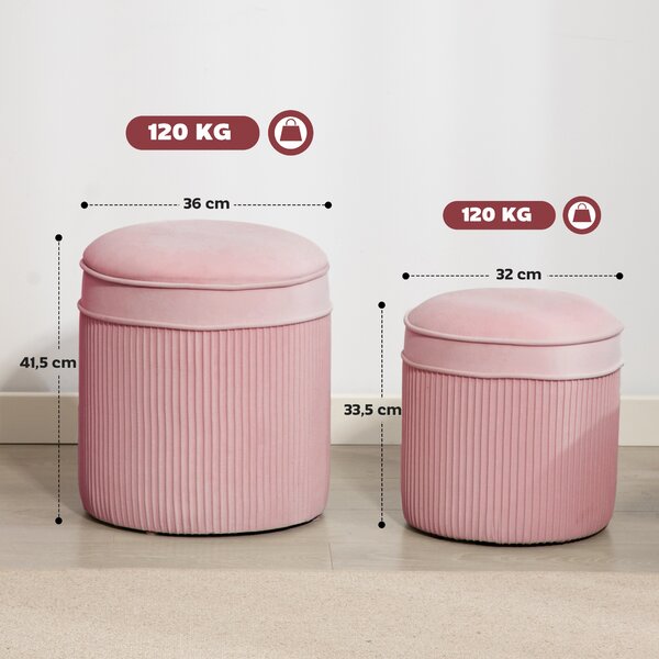 HOMCOM Set 2 Pouf Poggiapiedi Rotondi Impilabili e Imbottiti con Rivestimento in Velluto, Contenitore da 34.8L, Rosa | Aosom Italy