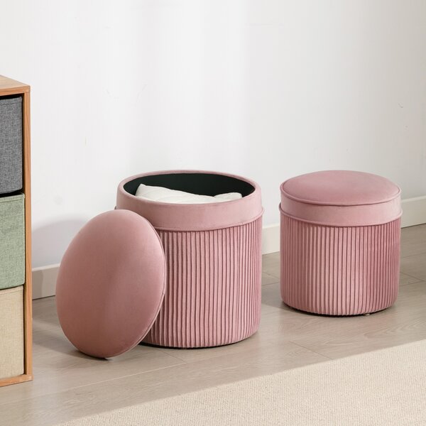 HOMCOM Set 2 Pouf Poggiapiedi Rotondi Impilabili e Imbottiti con Rivestimento in Velluto, Contenitore da 34.8L, Rosa | Aosom Italy