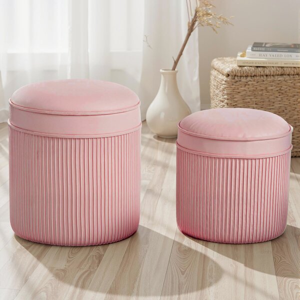 HOMCOM Set 2 Pouf Poggiapiedi Rotondi Impilabili e Imbottiti con Rivestimento in Velluto, Contenitore da 34.8L, Rosa | Aosom Italy