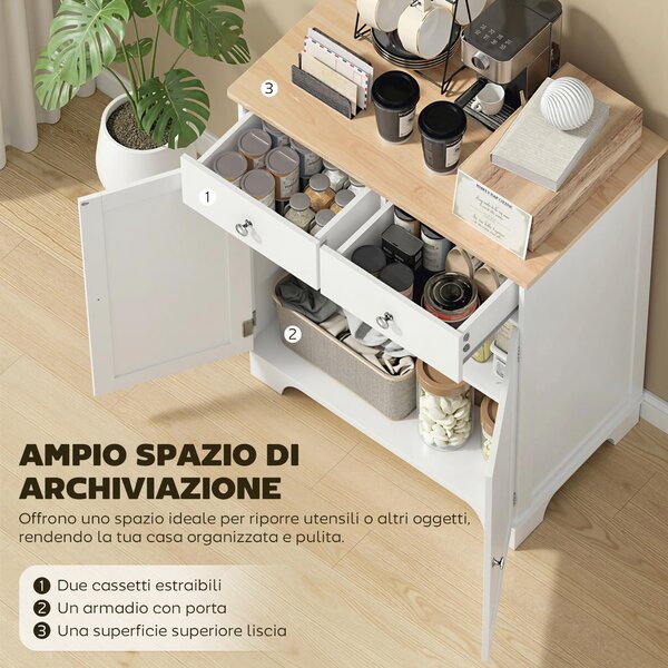 HOMCOM Credenza Bassa con Armadietto 2 Ante, Ripiani Regolabili e 2 Cassetti, Bianco e Legno | Aosom Italy