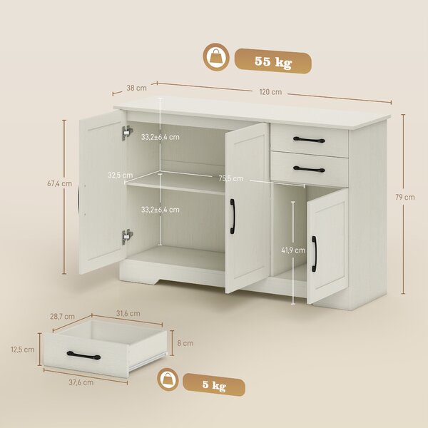 HOMCOM Mobile Cucina con 2 Cassetti e 3 Armadietti, Ripiani Regolabili, 120x38x79 cm, Crema | Aosom Italy