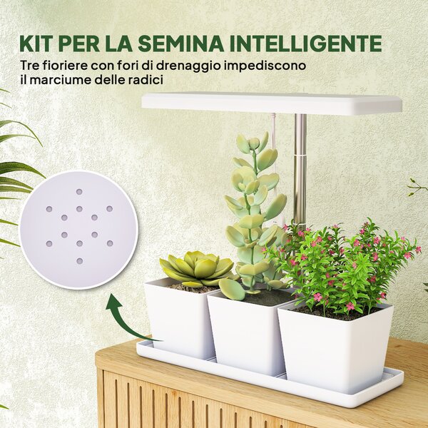 Outsunny Lampade per Pianta da 30 Luci LED con 3 Vasi, Timer e Illuminazione Regolabile, 31.8x13.4x18.6-35.6 cm, Bianco | Aosom Italy