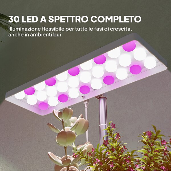 Outsunny Lampade per Pianta da 30 Luci LED con 3 Vasi, Timer e Illuminazione Regolabile, 31.8x13.4x18.6-35.6 cm, Bianco | Aosom Italy