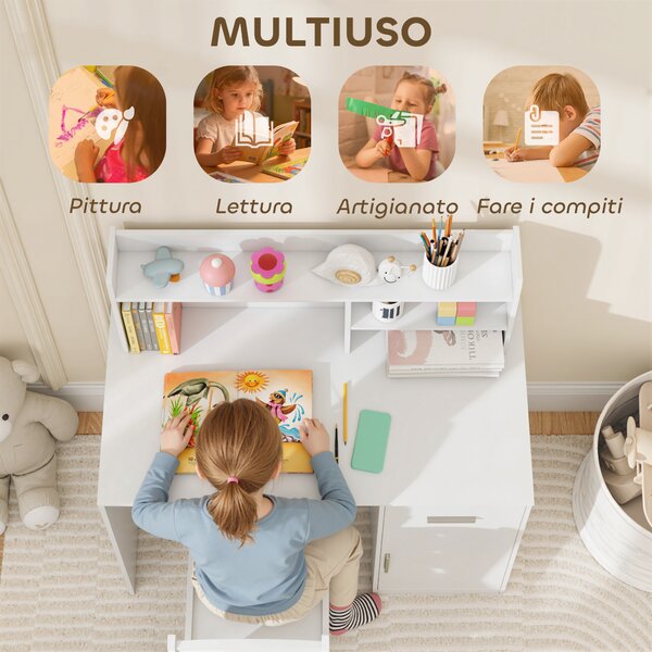 AIYAPLAY Scrivania per Bambini con Scaffali, Armadietto, Cassetto e Sedia per Bambini Abbinata in MDF Bianco | Aosom Italy