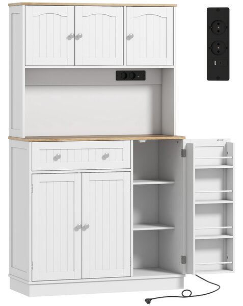 HOMCOM Credenza da Cucina Alta 173 cm con Stazione di Ricarica, Piano per Microonde, Ripiani Regolabili, 4 Rastrelliere per Spezie, Bianco | Aosom Italy