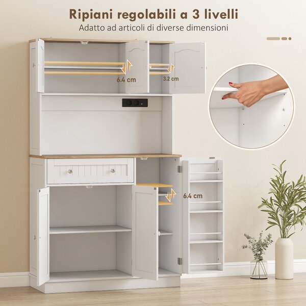 HOMCOM Credenza da Cucina Alta 173 cm con Stazione di Ricarica, Piano per Microonde, Ripiani Regolabili, 4 Rastrelliere per Spezie, Bianco | Aosom Italy