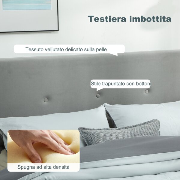 HOMCOM Letto Contenitore con Spazio a Scomparsa e Testiera Vellutata a Trapunta, in Legno e Metallo, 195x141x106 cm, Grigio | Aosom Italy