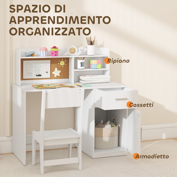 AIYAPLAY Scrivania per Bambini con Scaffali, Armadietto, Cassetto e Sedia per Bambini Abbinata in MDF Bianco | Aosom Italy