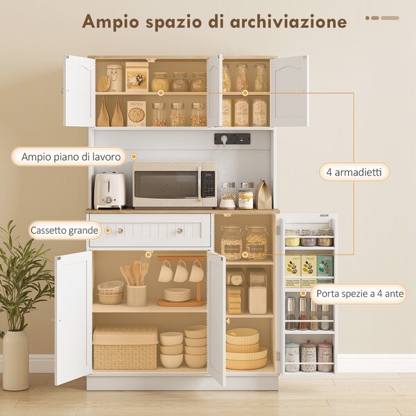 HOMCOM Credenza da Cucina Alta 173 cm con Stazione di Ricarica, Piano per Microonde, Ripiani Regolabili, 4 Rastrelliere per Spezie, Bianco | Aosom Italy