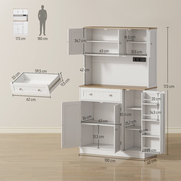 HOMCOM Credenza da Cucina Alta 173 cm con Stazione di Ricarica, Piano per Microonde, Ripiani Regolabili, 4 Rastrelliere per Spezie, Bianco | Aosom Italy