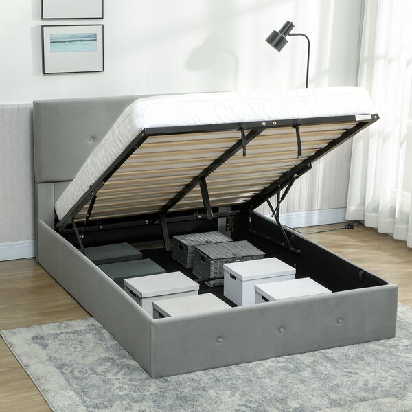 HOMCOM Letto Contenitore con Spazio a Scomparsa e Testiera Vellutata a Trapunta, in Legno e Metallo, 195x141x106 cm, Grigio | Aosom Italy