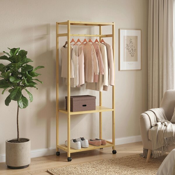 HOMCOM Stand Appendiabiti da Terra con Barra, Ripiani e 4 Ruote in Bambù, 70x35x175 cm, Legno Naturale | Aosom Italy