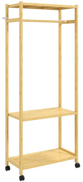 HOMCOM Stand Appendiabiti da Terra con Barra, Ripiani e 4 Ruote in Bambù, 70x35x175 cm, Legno Naturale | Aosom Italy