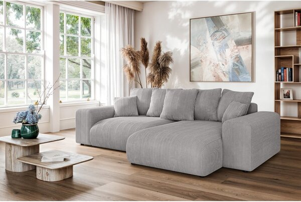 Divano angolare grigio chiaro allungabile/con contenitore (con composizione variabile) con rivestimento in velluto a coste Luma – Ropez
