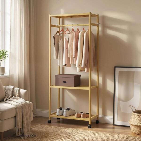 HOMCOM Stand Appendiabiti da Terra con Barra, Ripiani e 4 Ruote in Bambù, 70x35x175 cm, Legno Naturale | Aosom Italy