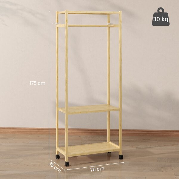 HOMCOM Stand Appendiabiti da Terra con Barra, Ripiani e 4 Ruote in Bambù, 70x35x175 cm, Legno Naturale | Aosom Italy