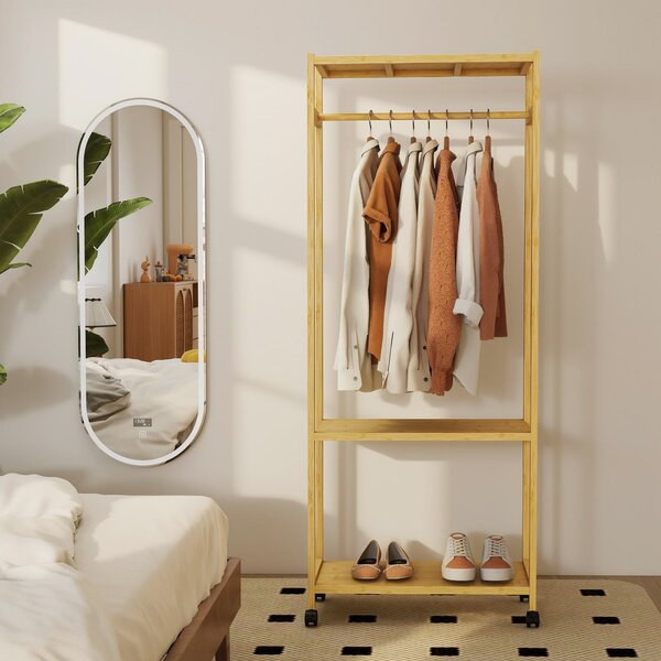 HOMCOM Stand Appendiabiti da Terra con Barra, Ripiani e 4 Ruote in Bambù, 70x35x175 cm, Legno Naturale | Aosom Italy
