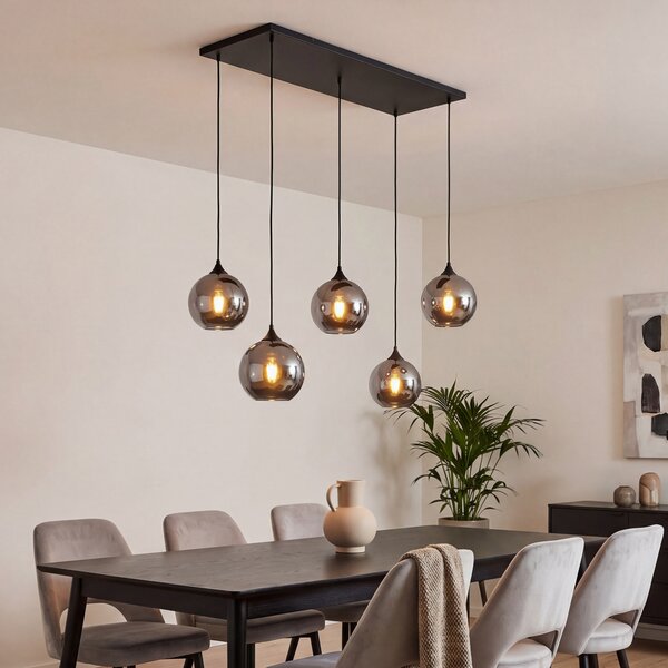 Lampada a sospensione Art Déco nera con vetro fumé 5 luci - Wallace