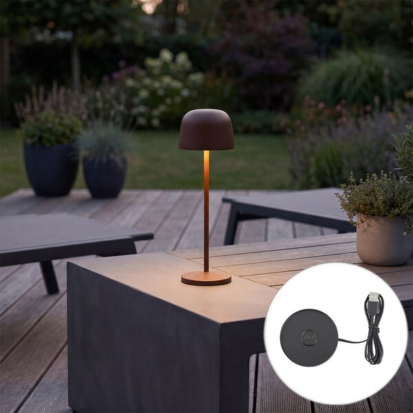 Lampada da tavolo marrone ruggine con LED ricaricabile con stazione di ricarica IP65 - Raika