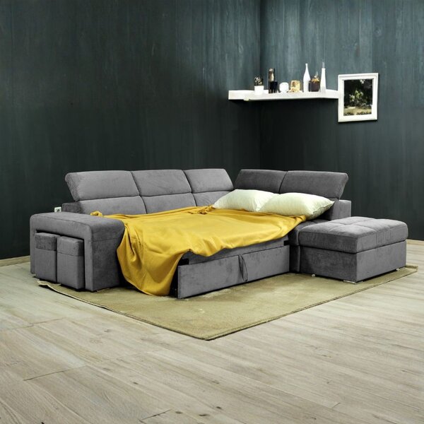 DecHome Divano Angolare 3 Posti Moderno con Chaise Longue Letto Estraibile Vano Contenitore 2 Pouf Indipendenti in Tessuto Dimensioni 272x230x77/94
