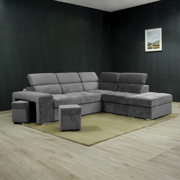 DecHome Divano Angolare 3 Posti Moderno con Chaise Longue Letto Estraibile Vano Contenitore 2 Pouf Indipendenti in Tessuto Dimensioni 272x230x77/94