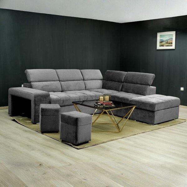 DecHome Divano Angolare 3 Posti Moderno con Chaise Longue Letto Estraibile Vano Contenitore 2 Pouf Indipendenti in Tessuto Dimensioni 272x230x77/94
