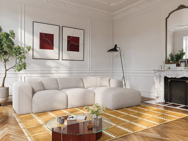 Grande divano letto angolare destro express in tessuto melange beige - Materasso 16 cm memory foam - POGNI