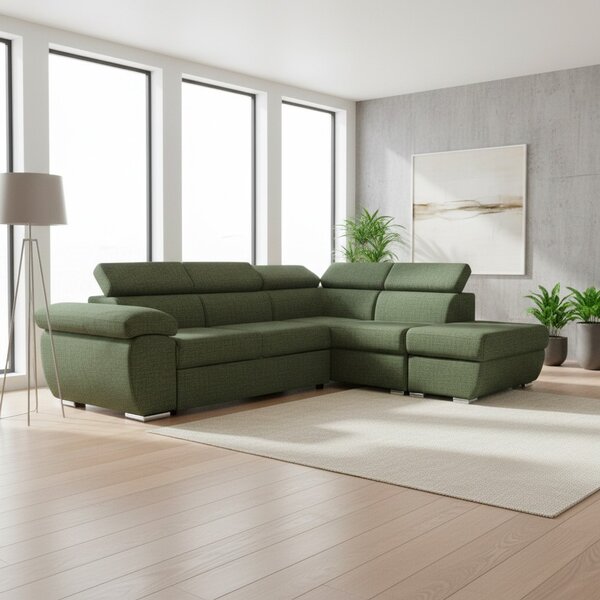 DecHome Divano Angolare 4 Posti Moderno con Penisola Destra Letto Estraibile Vano Contenitore in Tessuto Dimensioni 264x220x76/91 colore Verde Oliv