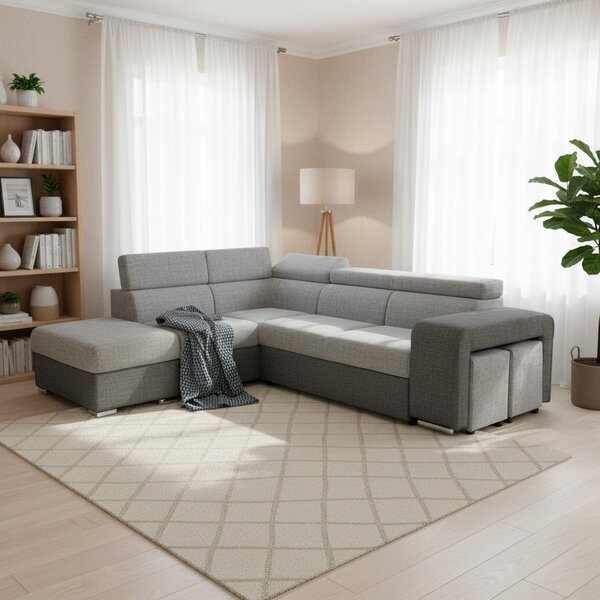 DecHome Divano Angolare 4 Posti Moderno con Penisola Sinistra Letto Estraibile Vano Contenitore in Tessuto Dimensioni 262x220x76/91 cm colore Grigi