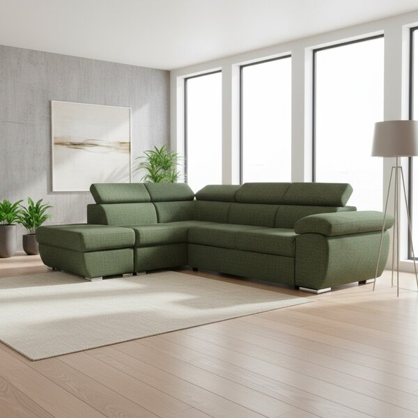 DecHome Divano Angolare 4 Posti Moderno con Penisola Sinistra Letto Estraibile Vano Contenitore in Tessuto Dimensioni 264x220x76/91 colore Verde Ol