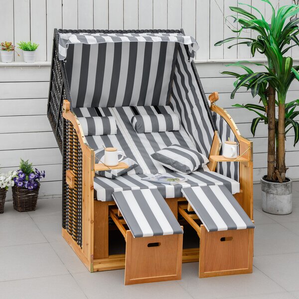 Outsunny Sedia da spiaggia con poggiapiedi, tavolino pieghevole e cuscini per la testa, Mobili da esterno, Naturale + Grigio + Bianco