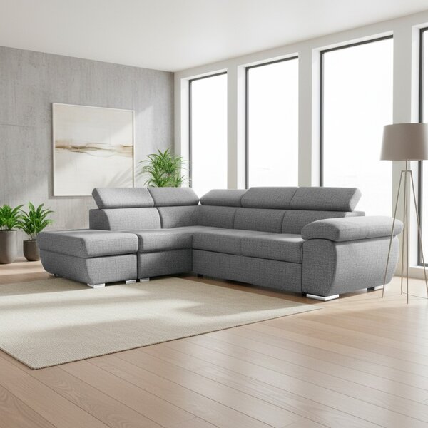 DecHome Divano Angolare 4 Posti Moderno con Penisola Sinistra Letto Estraibile Vano Contenitore in Tessuto Dimensioni 264x220x76/91 colore Grigio -