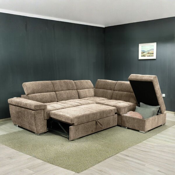 DecHome Divano Angolare 5 Posti Moderno con Penisola Letto Estraibile Pouf Contenitore in Tessuto Dimensioni 269x230x77-94 cm colore Cappuccino - A