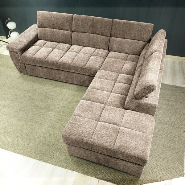 DecHome Divano Angolare 5 Posti Moderno con Penisola Letto Estraibile Pouf Contenitore in Tessuto Dimensioni 269x230x77-94 cm colore Cappuccino - A