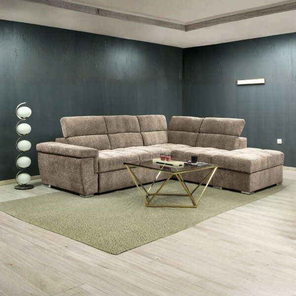 DecHome Divano Angolare 5 Posti Moderno con Penisola Letto Estraibile Pouf Contenitore in Tessuto Dimensioni 269x230x77-94 cm colore Cappuccino - A