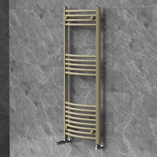 Asciugamani radiante LuxeBath 500x1200 mm, radiatore per bagno con valvola termostatica, asciugamani Sahara curvo con attacco laterale, portasciugamani, color beige