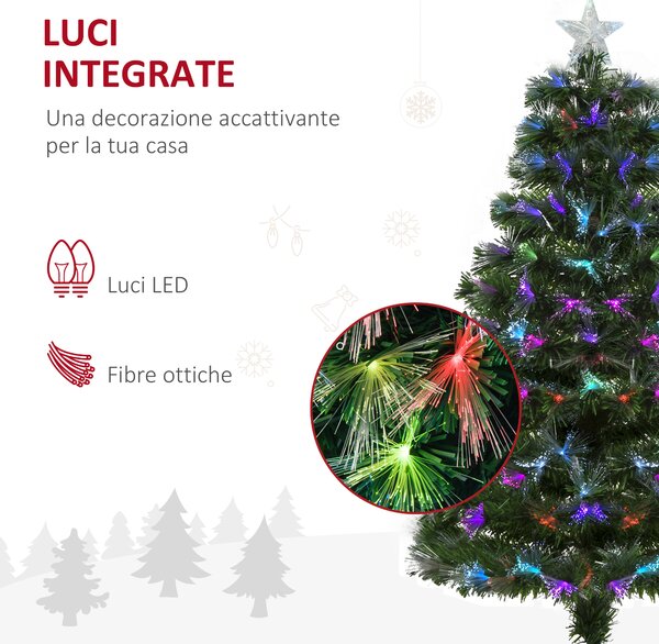 HOMCOM Albero di Natale 120cm con 130 Luci a LED e Fibre Ottiche Colorate, 130 Rami in PVC Ignifughi e Base in Metallo