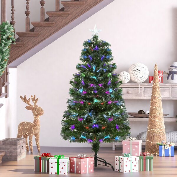 HOMCOM Albero di Natale 120cm con 130 Luci a LED e Fibre Ottiche Colorate, 130 Rami in PVC Ignifughi e Base in Metallo