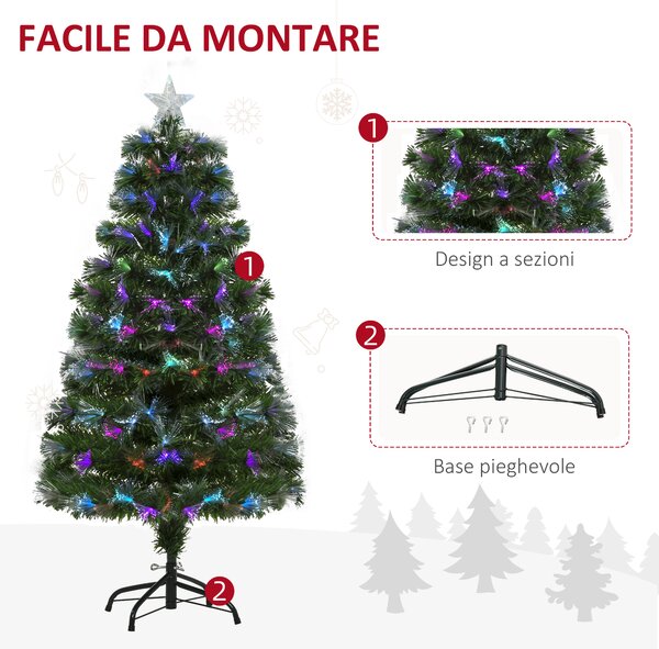 HOMCOM Albero di Natale 120cm con 130 Luci a LED e Fibre Ottiche Colorate, 130 Rami in PVC Ignifughi e Base in Metallo