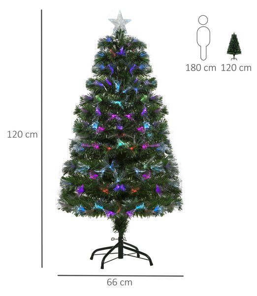 HOMCOM Albero di Natale 120cm con 130 Luci a LED e Fibre Ottiche Colorate, 130 Rami in PVC Ignifughi e Base in Metallo