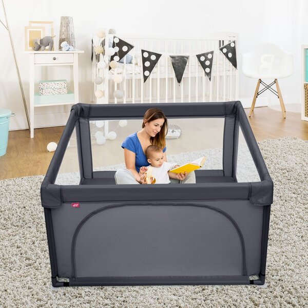 Costway Box resistente sicuro per bambini, Centro attività con cancelli di sicurezza ventose pareti a rete Grigio scuro
